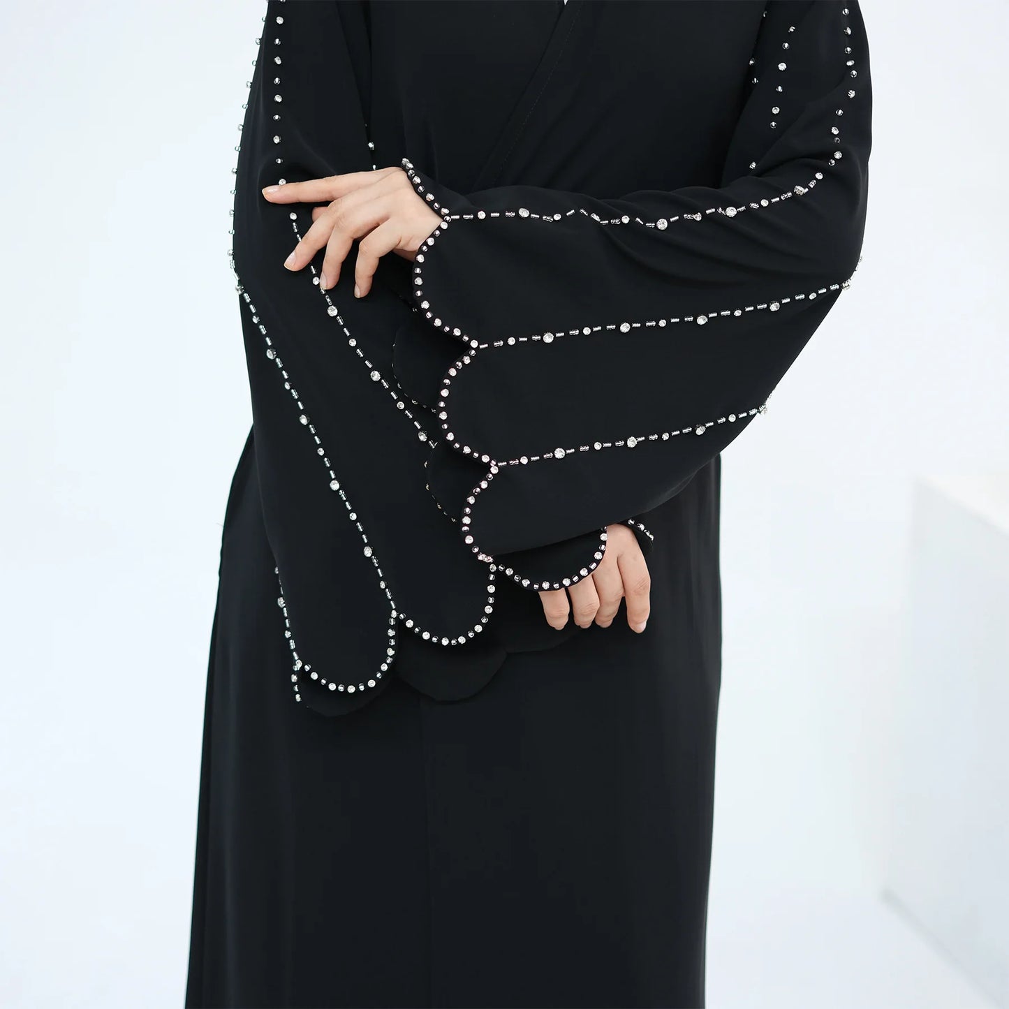 Eid Women Abaya Diamond Beading Sleeve Cardigan Dress Muslim Jalabiya Ramadan Islam Party Arab Long Robe Morocco Dubai Kaftan