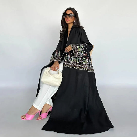 Elegant Muslim Embroidery Cardigan for Women Eid Arab Hijab Abaya Dress Dubai Saudi Modest Clothing Islamic Turkey Open Abayas