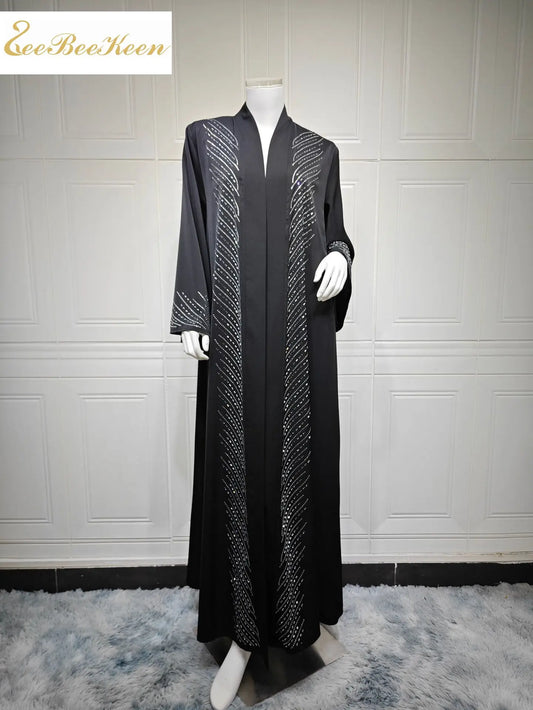 Luxury Crystal-Studded Dubai Abaya Dress for Women Elegant Muslim Modest Cardigan Islam Holiday Outfit Plain Turkey Kaftan Robe
