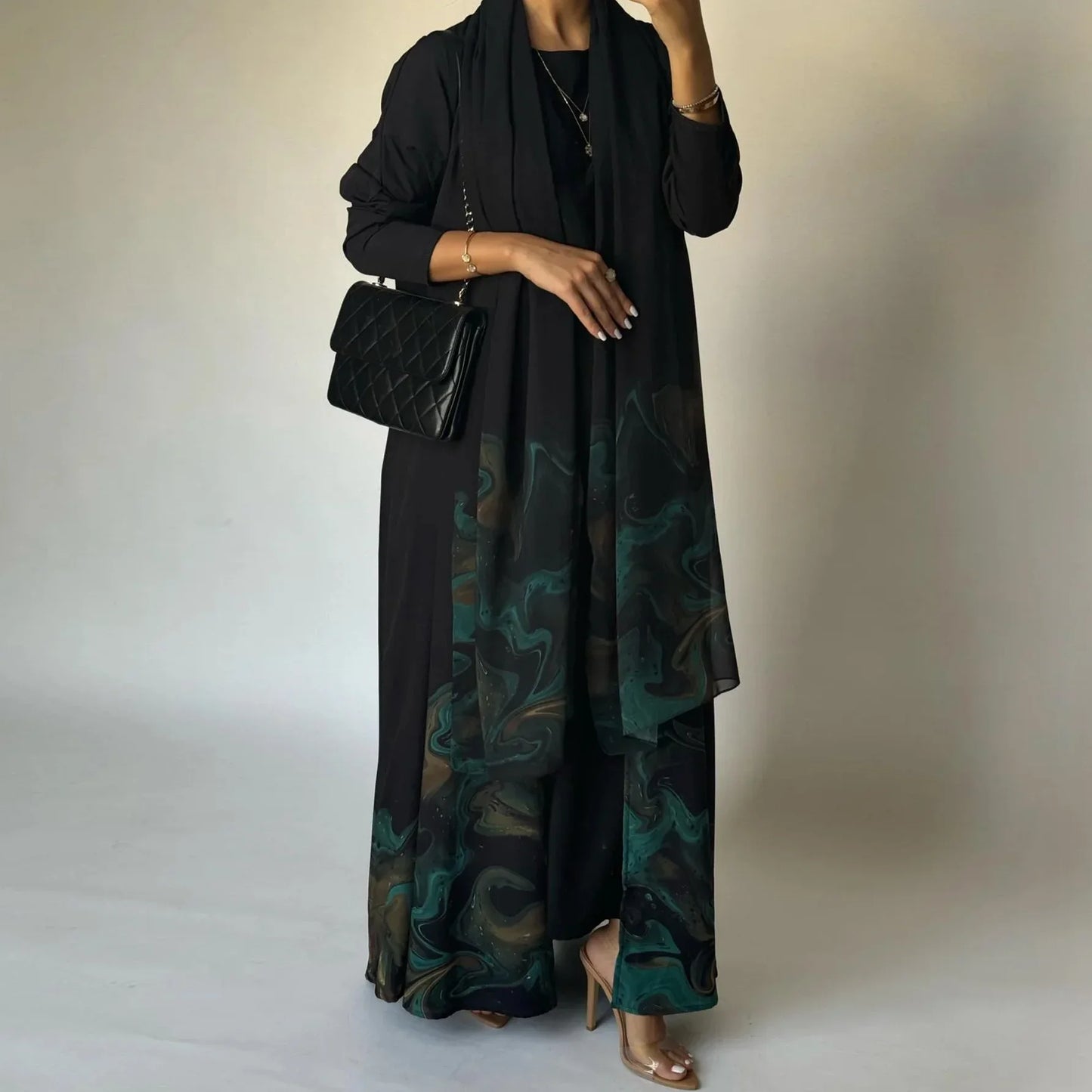 Middle Eastern Loose Open Front Abaya Muslim Women Full Sleeve Printed Abayas Turkey Kaftans Jilbabs Islamic Maxi Dresses