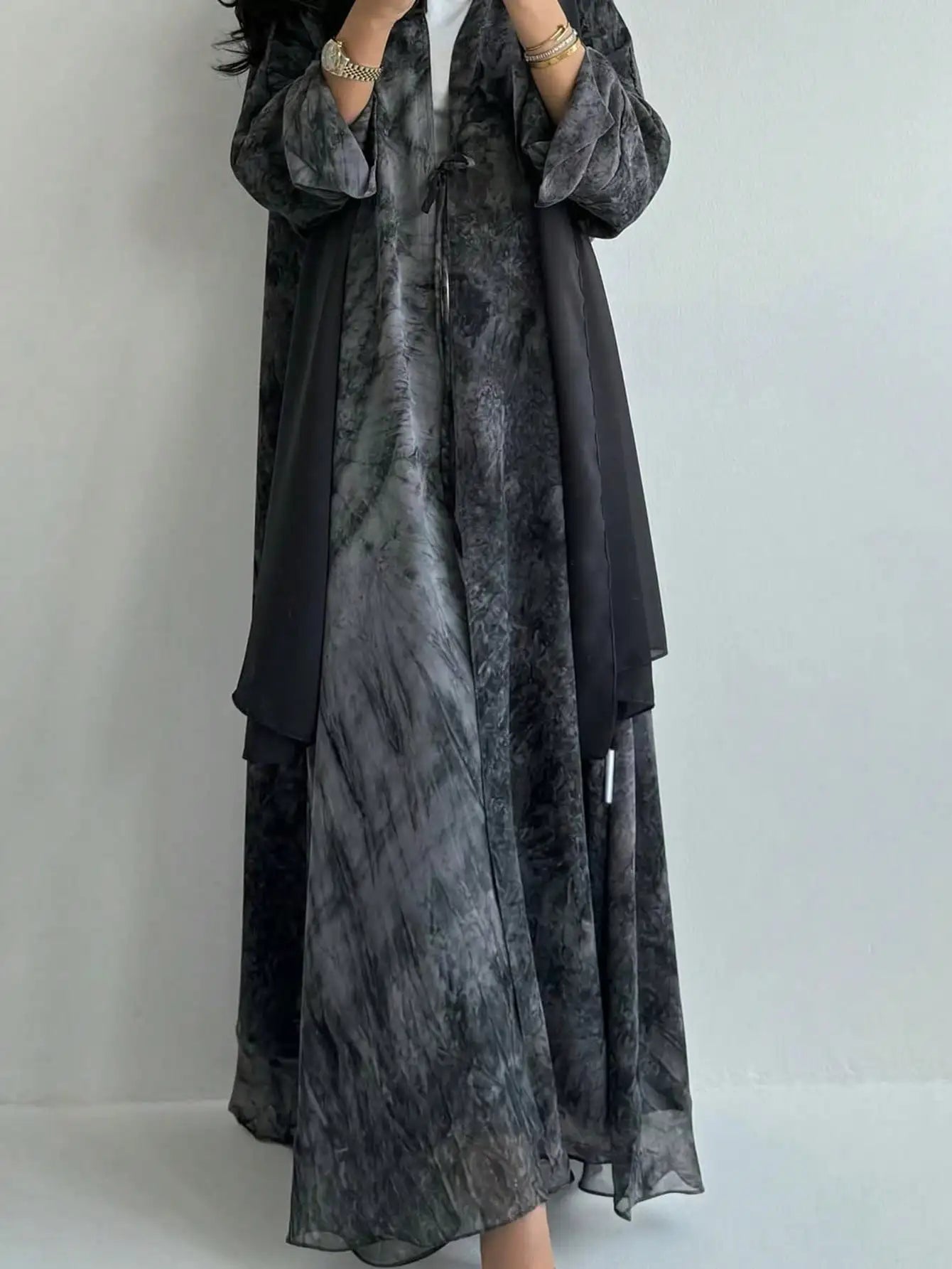 Middle Eastern Women Loose Tie Dye Abayas Lace Up Kaftan Arabian Maxi Dresses Full Sleeve Open Front Abaya Jilbabs Without Hajib