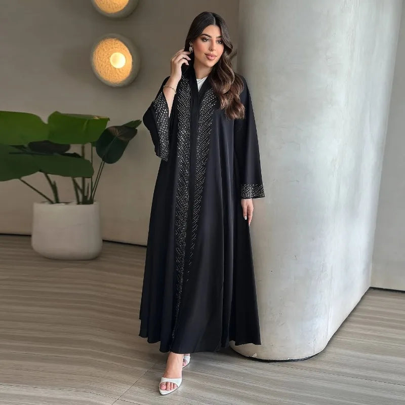 Luxury Crystal-Studded Dubai Abaya Dress for Women Elegant Muslim Modest Cardigan Islam Holiday Outfit Plain Turkey Kaftan Robe