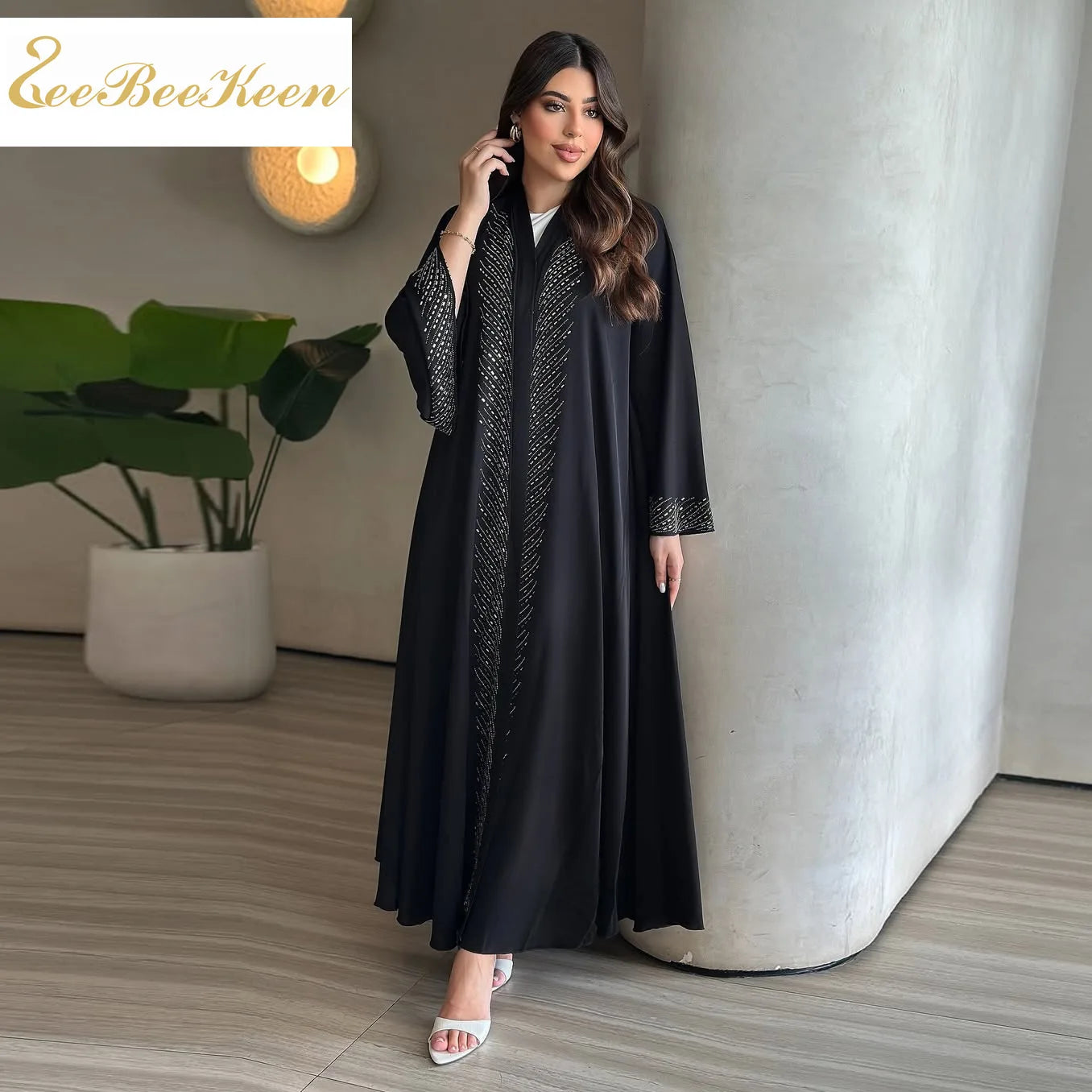 Luxury Crystal-Studded Dubai Abaya Dress for Women Elegant Muslim Modest Cardigan Islam Holiday Outfit Plain Turkey Kaftan Robe