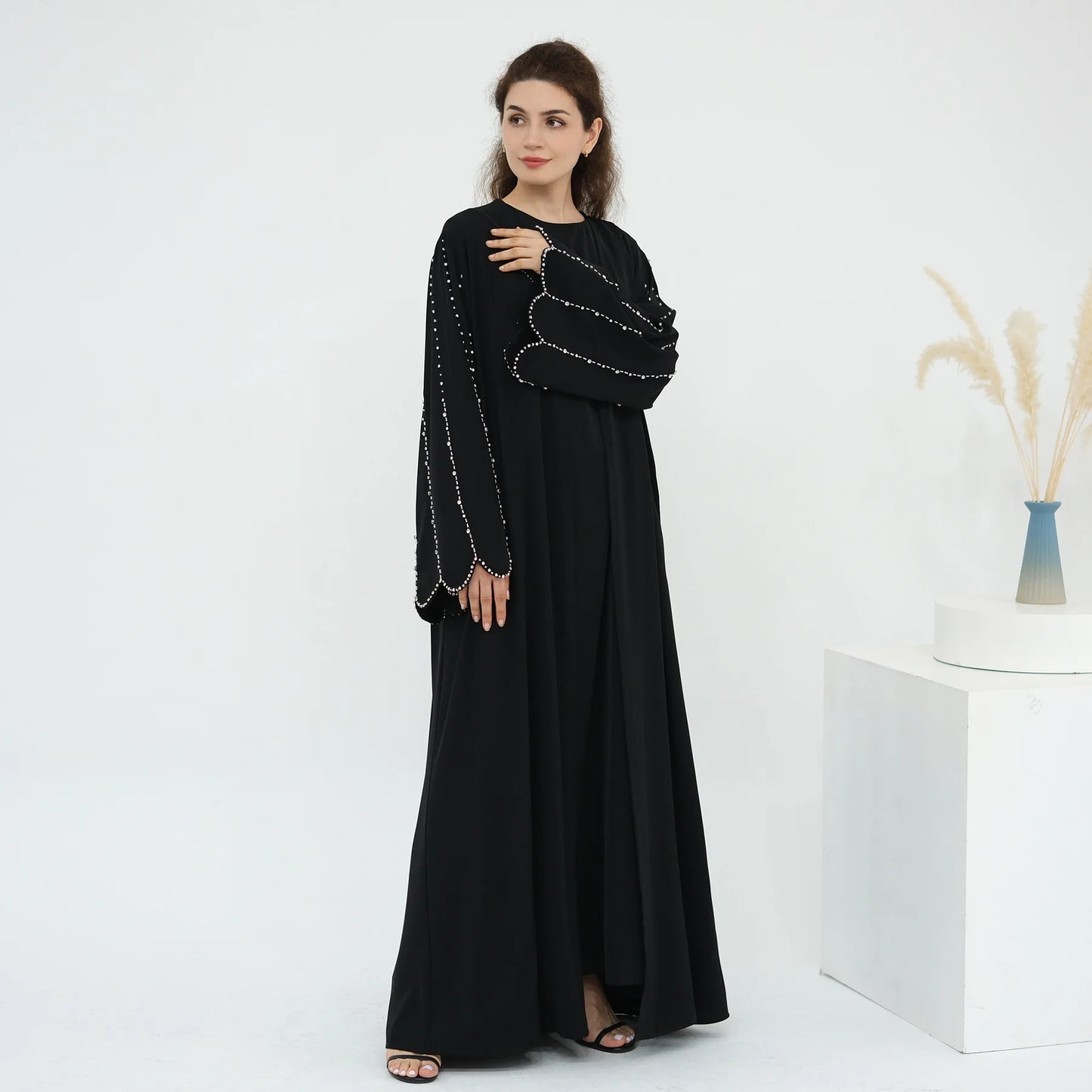 Eid Women Abaya Diamond Beading Sleeve Cardigan Dress Muslim Jalabiya Ramadan Islam Party Arab Long Robe Morocco Dubai Kaftan