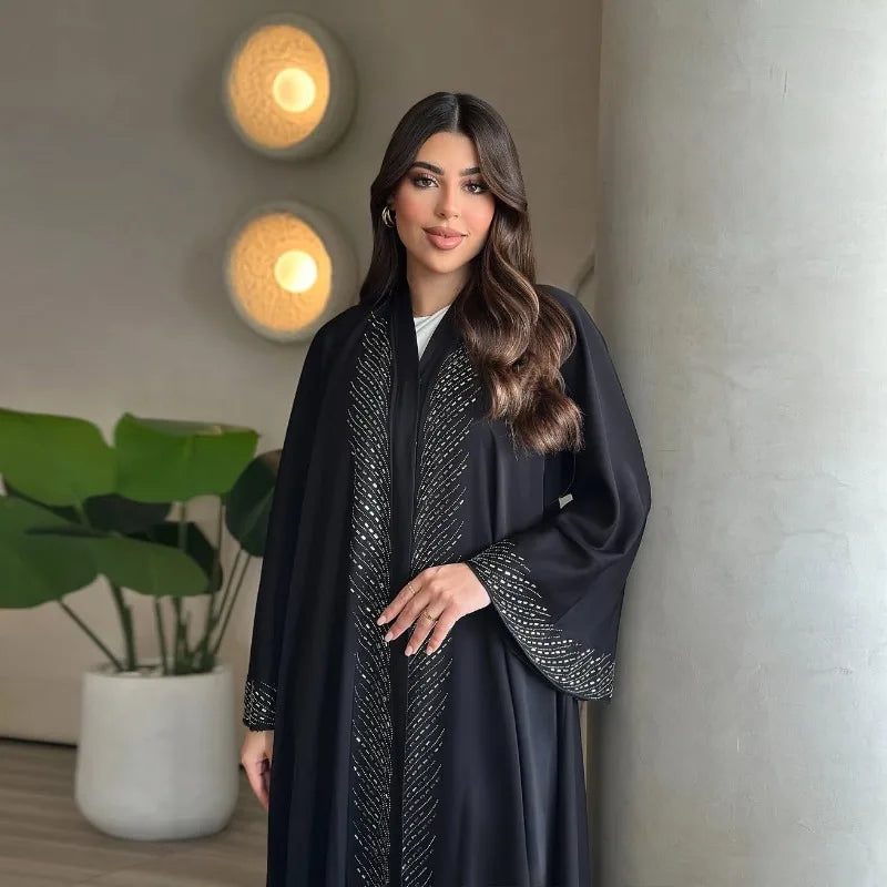 Luxury Crystal-Studded Dubai Abaya Dress for Women Elegant Muslim Modest Cardigan Islam Holiday Outfit Plain Turkey Kaftan Robe