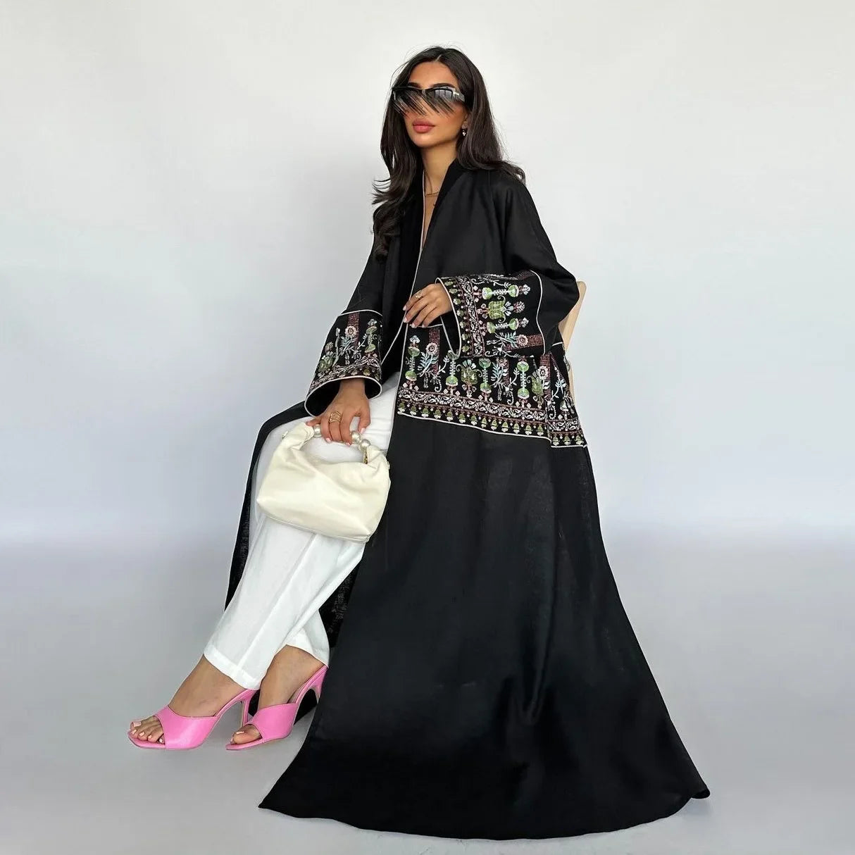 Elegant Muslim Embroidery Cardigan for Women Eid Arab Hijab Abaya Dress Dubai Saudi Modest Clothing Islamic Turkey Open Abayas