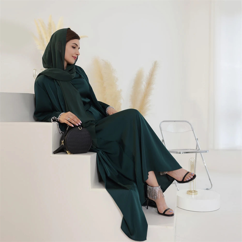 Eid Ramadan Satin Open Abaya Kimono 2 Piece Sets Muslim Women Dresses Turkey Arabic Kaftan Party Dubai Abayas Gown Outfit Caftan
