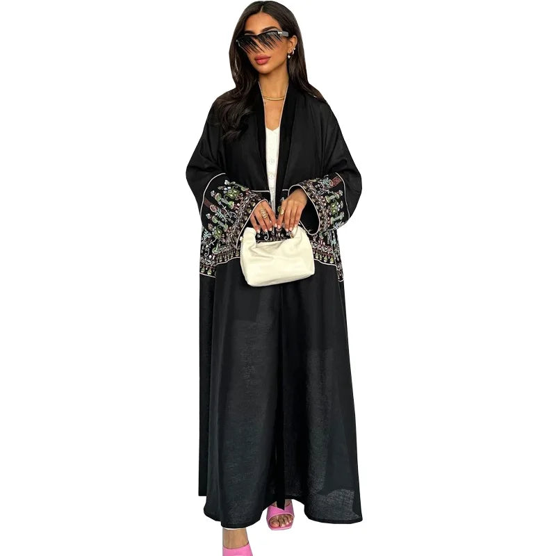 Elegant Muslim Embroidery Cardigan for Women Eid Arab Hijab Abaya Dress Dubai Saudi Modest Clothing Islamic Turkey Open Abayas