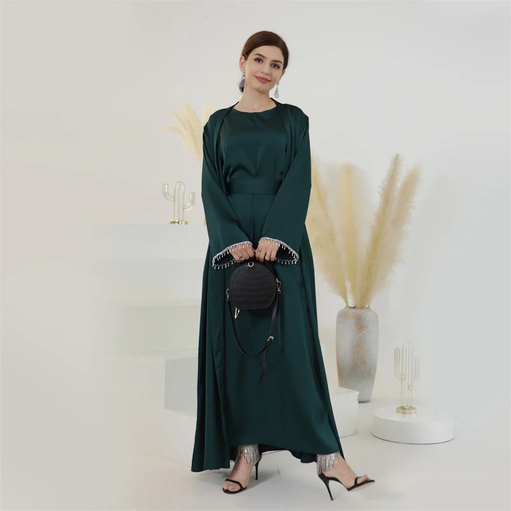 Eid Ramadan Satin Open Abaya Kimono 2 Piece Sets Muslim Women Dresses Turkey Arabic Kaftan Party Dubai Abayas Gown Outfit Caftan