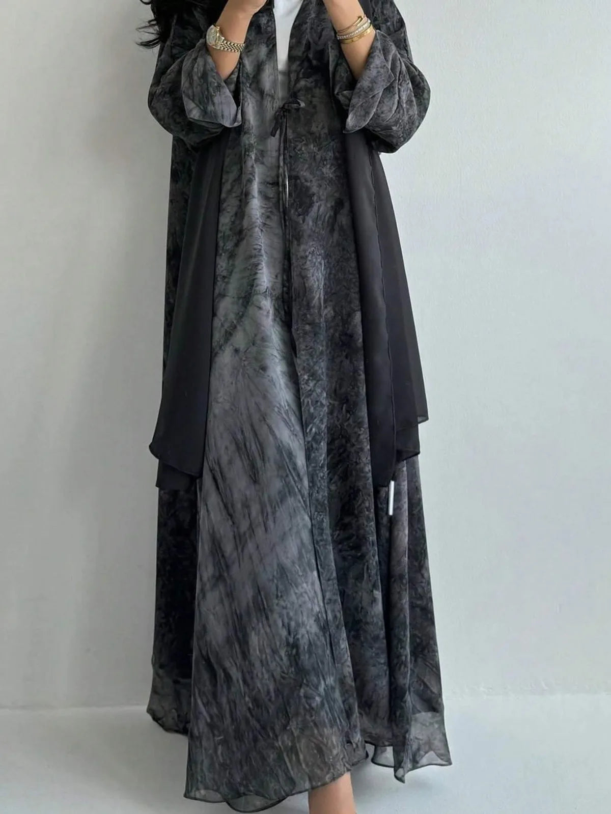 Middle Eastern Women Loose Tie Dye Abayas Lace Up Kaftan Arabian Maxi Dresses Full Sleeve Open Front Abaya Jilbabs Without Hajib