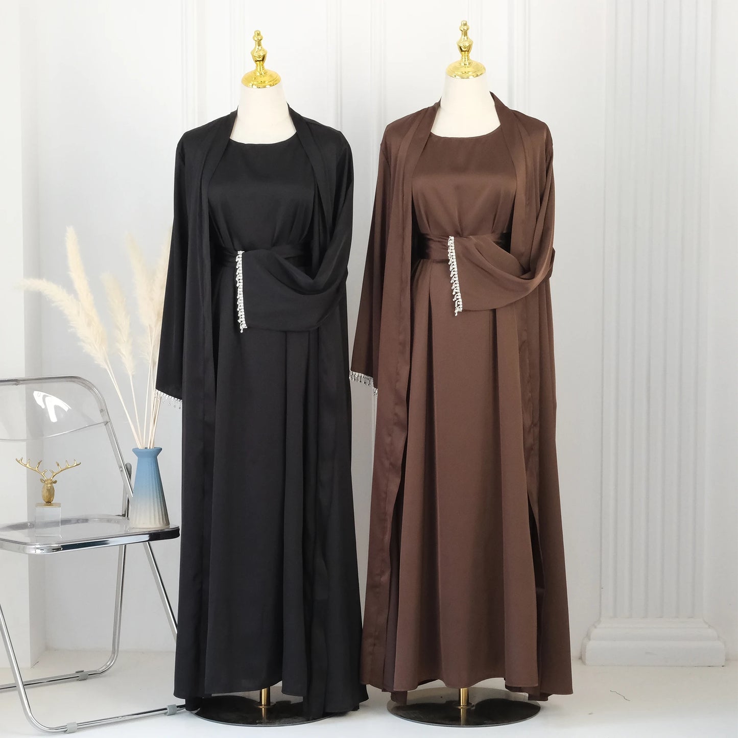 Eid Ramadan Satin Open Abaya Kimono 2 Piece Sets Muslim Women Dresses Turkey Arabic Kaftan Party Dubai Abayas Gown Outfit Caftan