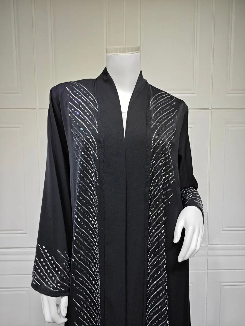 Luxury Crystal-Studded Dubai Abaya Dress for Women Elegant Muslim Modest Cardigan Islam Holiday Outfit Plain Turkey Kaftan Robe