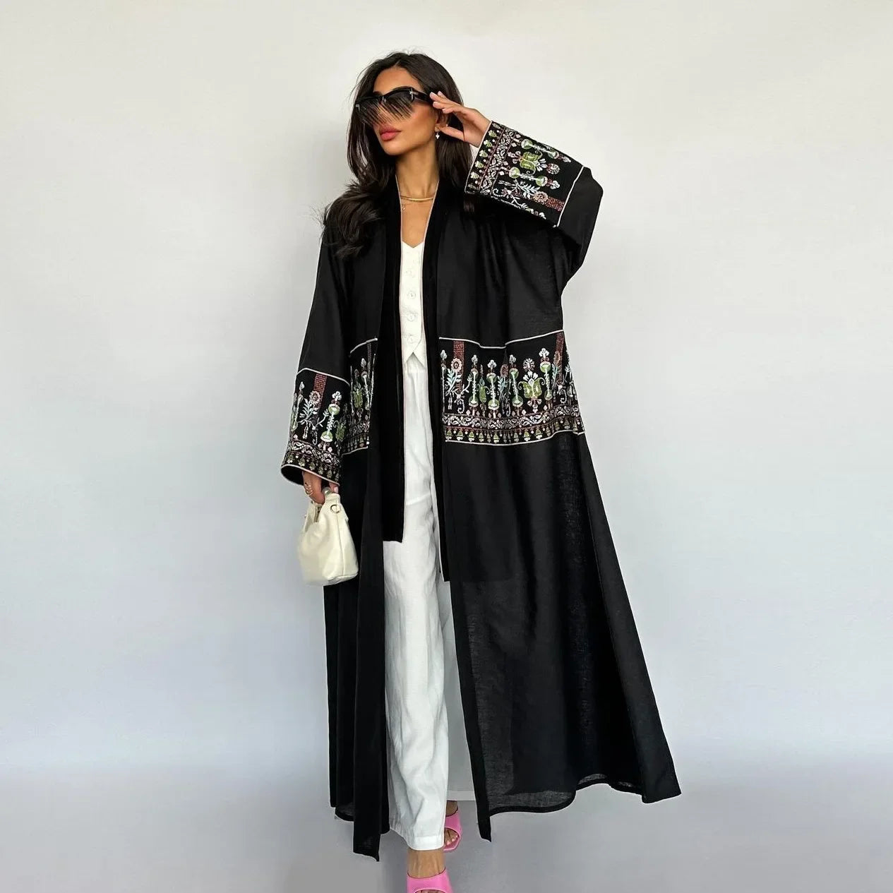 Elegant Muslim Embroidery Cardigan for Women Eid Arab Hijab Abaya Dress Dubai Saudi Modest Clothing Islamic Turkey Open Abayas