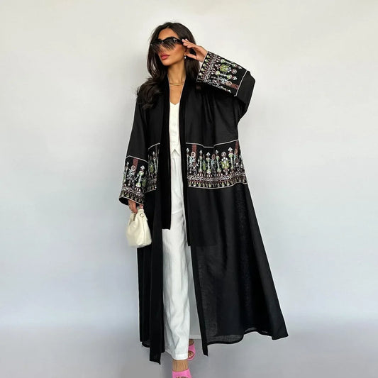 Elegant Muslim Embroidery Cardigan for Women Eid Arab Hijab Abaya Dress Dubai Saudi Modest Clothing Islamic Turkey Open Abayas