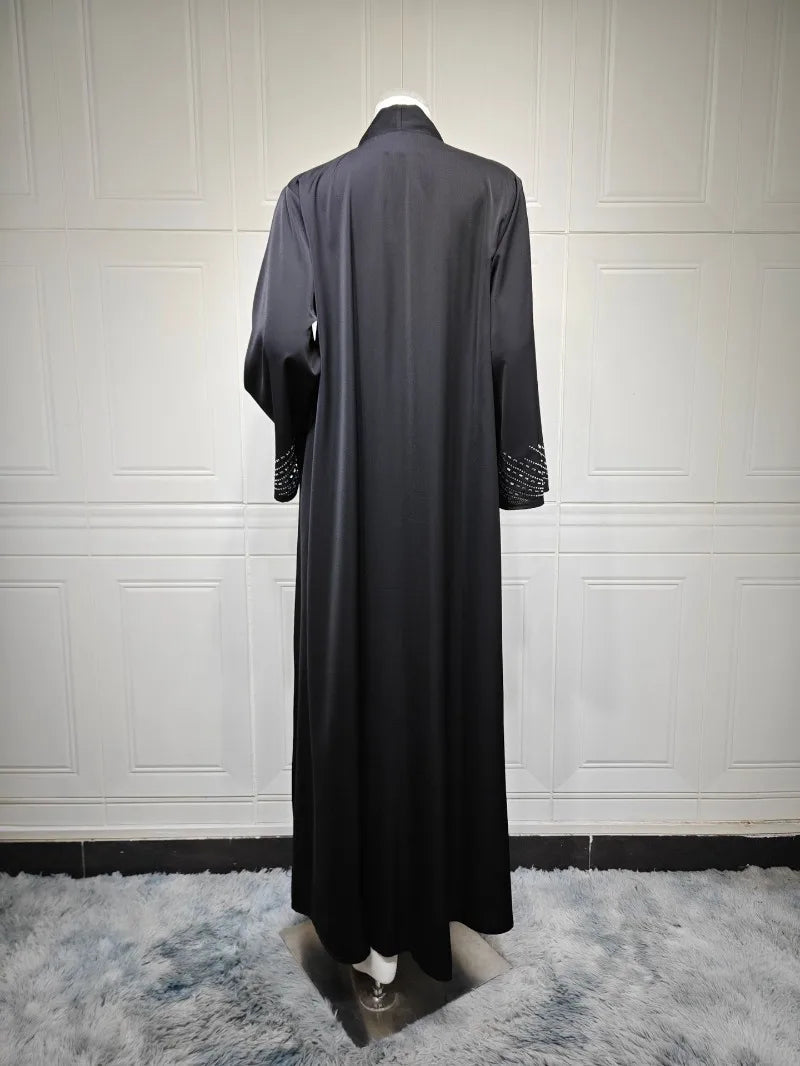 Luxury Crystal-Studded Dubai Abaya Dress for Women Elegant Muslim Modest Cardigan Islam Holiday Outfit Plain Turkey Kaftan Robe