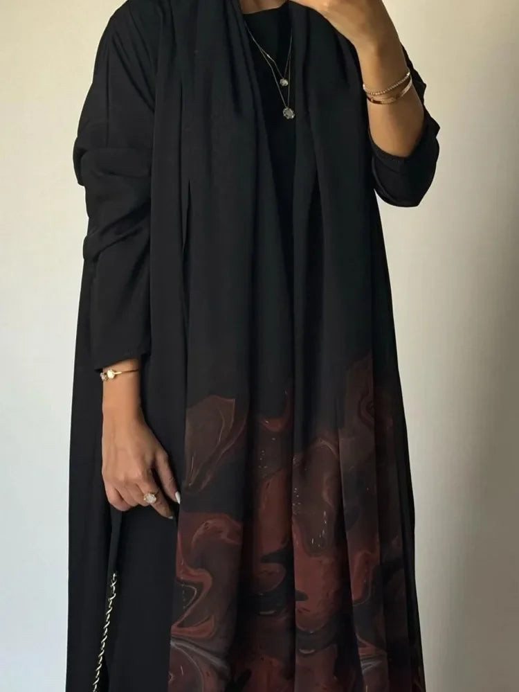 Middle Eastern Loose Open Front Abaya Muslim Women Full Sleeve Printed Abayas Turkey Kaftans Jilbabs Islamic Maxi Dresses
