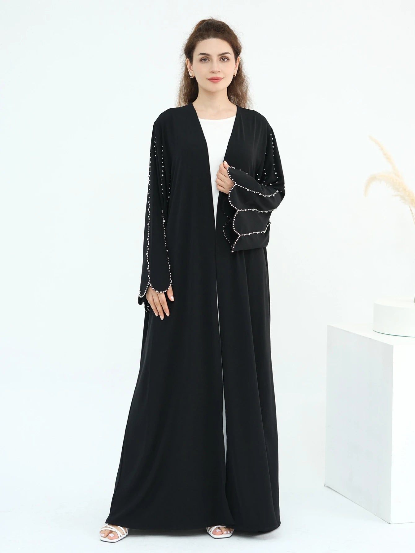 Eid Women Abaya Diamond Beading Sleeve Cardigan Dress Muslim Jalabiya Ramadan Islam Party Arab Long Robe Morocco Dubai Kaftan