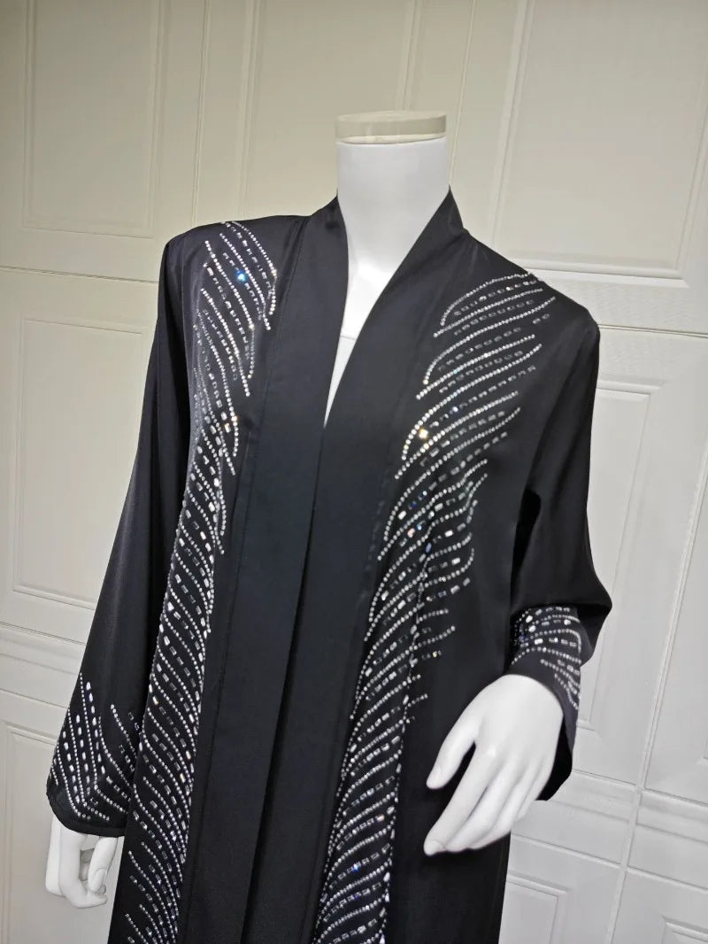 Luxury Crystal-Studded Dubai Abaya Dress for Women Elegant Muslim Modest Cardigan Islam Holiday Outfit Plain Turkey Kaftan Robe