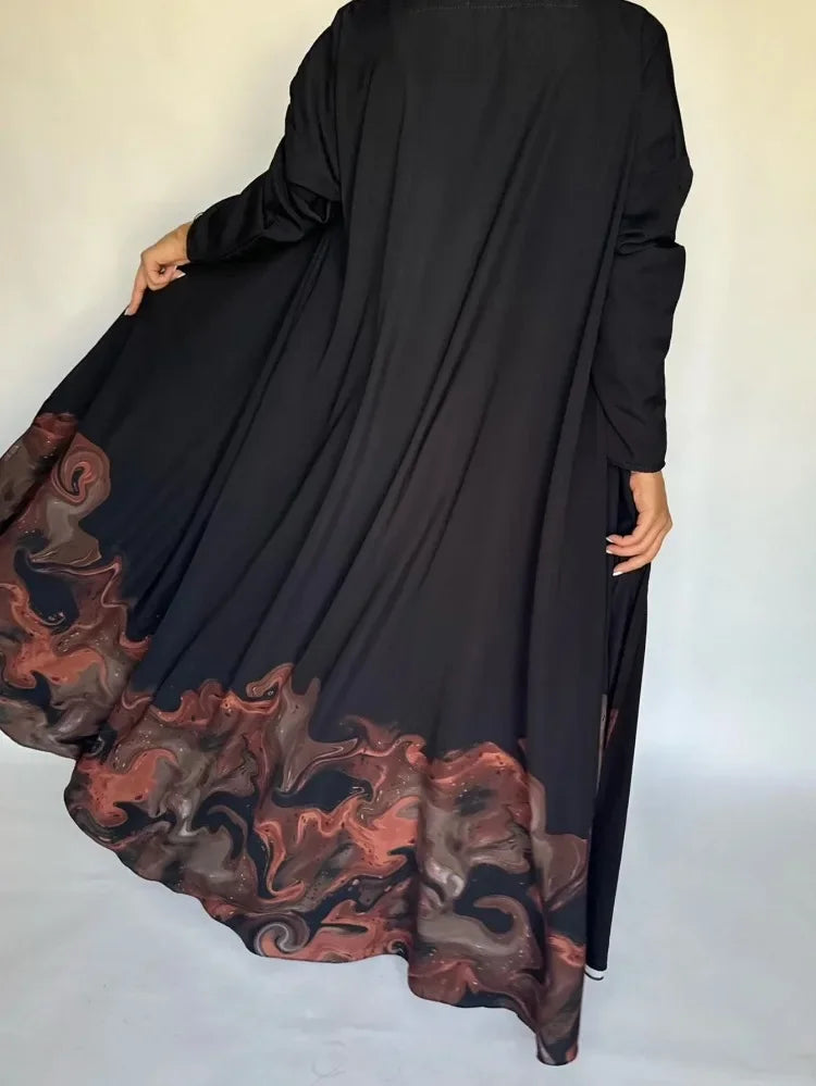 Middle Eastern Loose Open Front Abaya Muslim Women Full Sleeve Printed Abayas Turkey Kaftans Jilbabs Islamic Maxi Dresses
