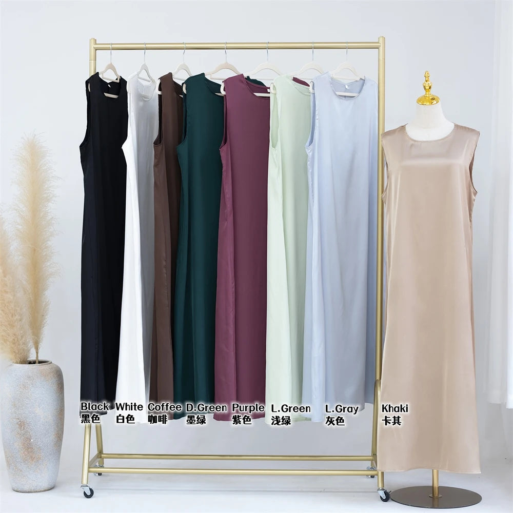 Black White Satin Silky Shimmer Under Abaya Dress Dubai Luxury 2024 Summer Women Turkey Islam Muslim Robe Vestidos Musulmanes