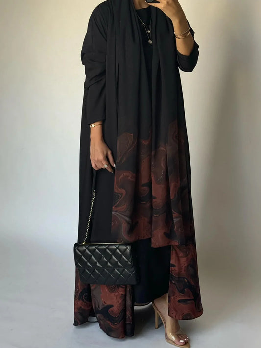 Middle Eastern Loose Open Front Abaya Muslim Women Full Sleeve Printed Abayas Turkey Kaftans Jilbabs Islamic Maxi Dresses