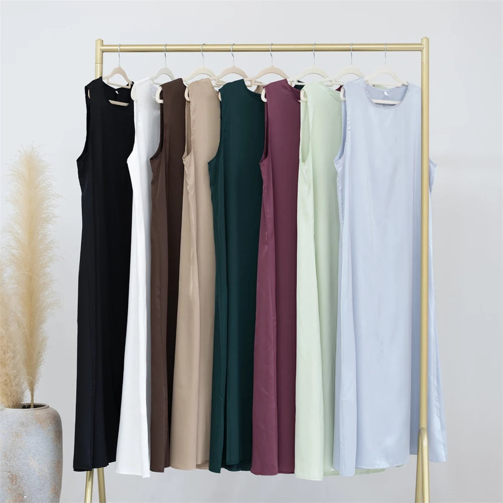 Black White Satin Silky Shimmer Under Abaya Dress Dubai Luxury 2024 Summer Women Turkey Islam Muslim Robe Vestidos Musulmanes