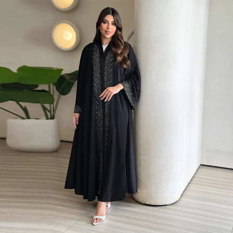 Luxury Crystal-Studded Dubai Abaya Dress for Women Elegant Muslim Modest Cardigan Islam Holiday Outfit Plain Turkey Kaftan Robe