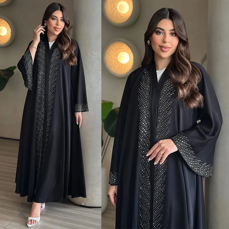Luxury Crystal-Studded Dubai Abaya Dress for Women Elegant Muslim Modest Cardigan Islam Holiday Outfit Plain Turkey Kaftan Robe