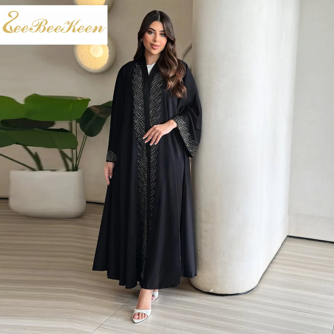 Luxury Crystal-Studded Dubai Abaya Dress for Women Elegant Muslim Modest Cardigan Islam Holiday Outfit Plain Turkey Kaftan Robe