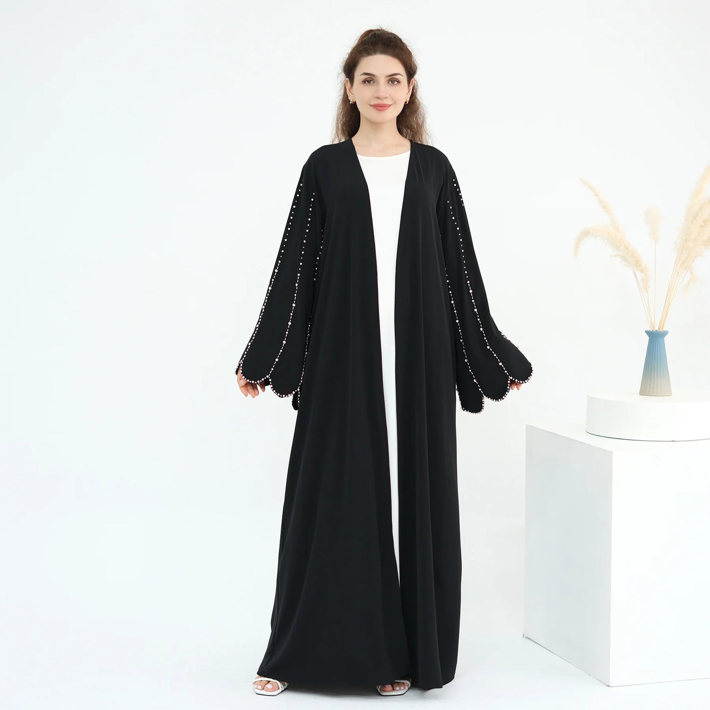 Eid Women Abaya Diamond Beading Sleeve Cardigan Dress Muslim Jalabiya Ramadan Islam Party Arab Long Robe Morocco Dubai Kaftan
