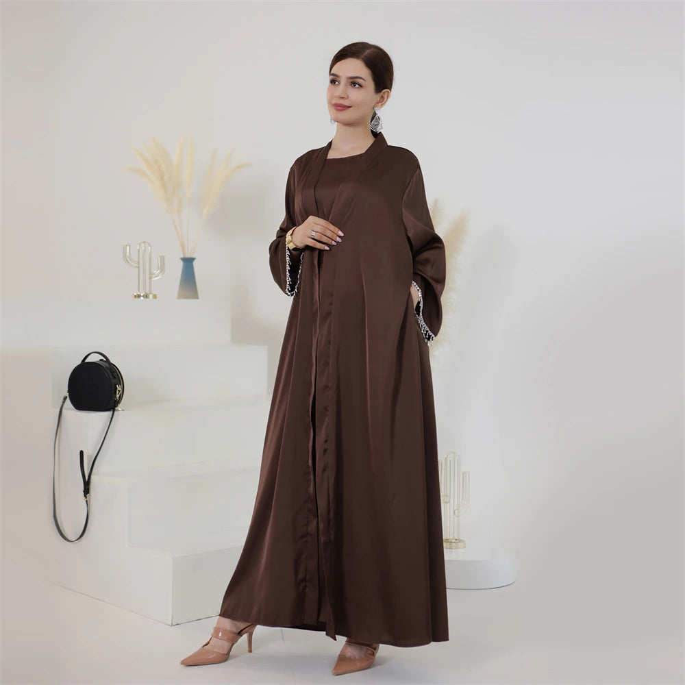 Eid Ramadan Satin Open Abaya Kimono 2 Piece Sets Muslim Women Dresses Turkey Arabic Kaftan Party Dubai Abayas Gown Outfit Caftan