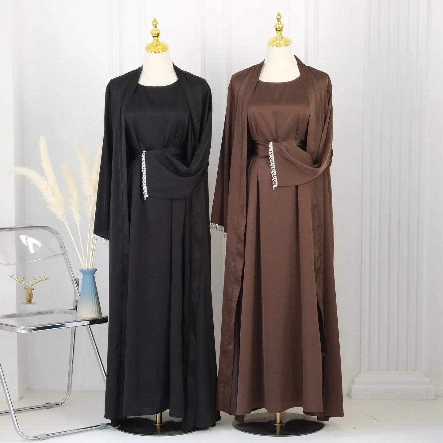 Eid Ramadan Satin Open Abaya Kimono 2 Piece Sets Muslim Women Dresses Turkey Arabic Kaftan Party Dubai Abayas Gown Outfit Caftan