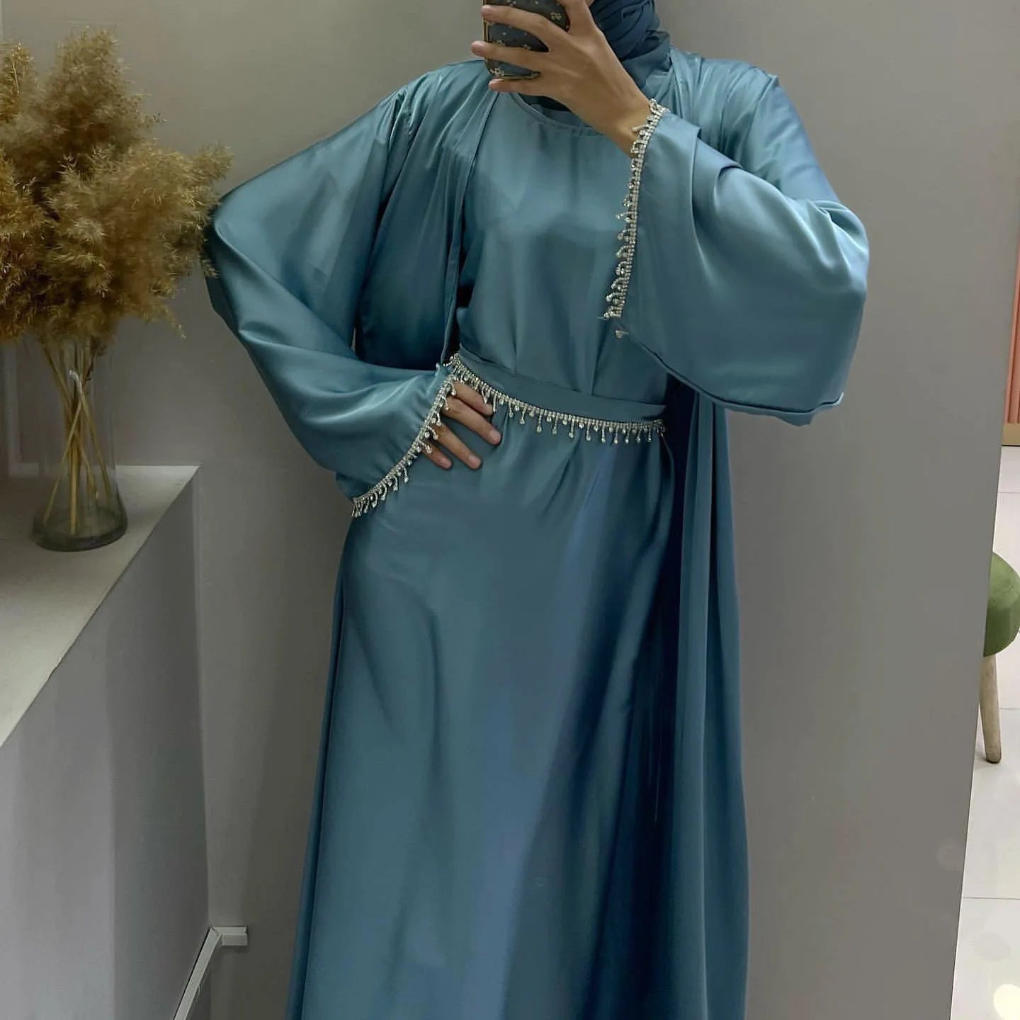 Eid Ramadan Satin Open Abaya Kimono 2 Piece Sets Muslim Women Dresses Turkey Arabic Kaftan Party Dubai Abayas Gown Outfit Caftan