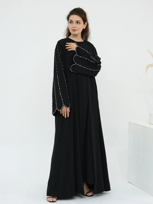 Eid Women Abaya Diamond Beading Sleeve Cardigan Dress Muslim Jalabiya Ramadan Islam Party Arab Long Robe Morocco Dubai Kaftan
