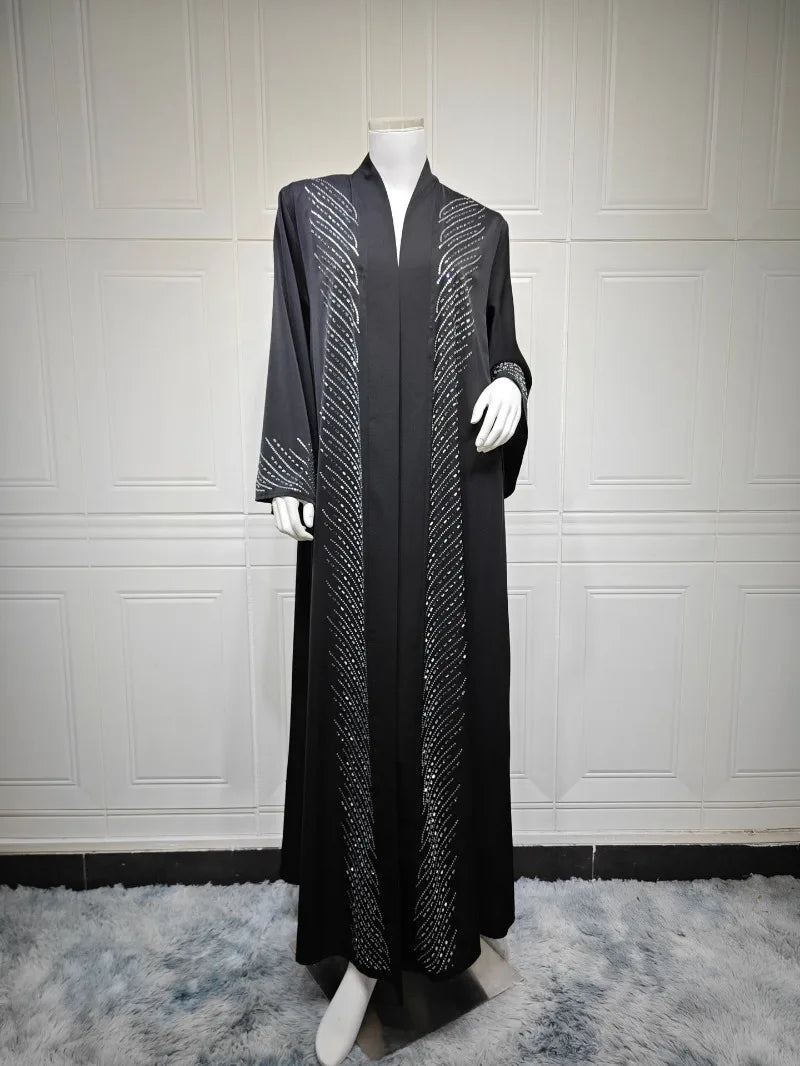 Luxury Crystal-Studded Dubai Abaya Dress for Women Elegant Muslim Modest Cardigan Islam Holiday Outfit Plain Turkey Kaftan Robe