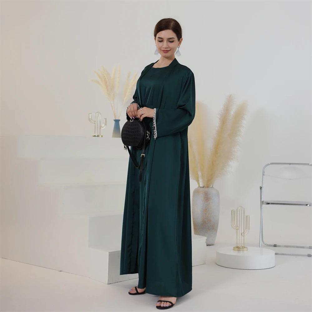 Eid Ramadan Satin Open Abaya Kimono 2 Piece Sets Muslim Women Dresses Turkey Arabic Kaftan Party Dubai Abayas Gown Outfit Caftan