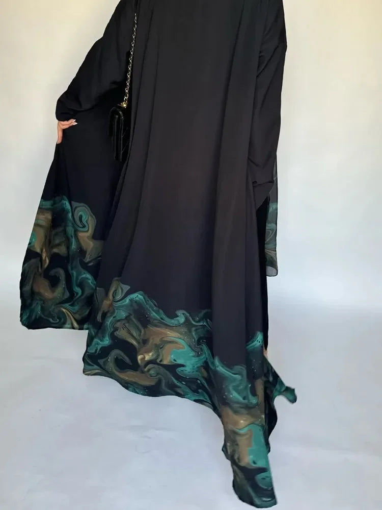 Middle Eastern Loose Open Front Abaya Muslim Women Full Sleeve Printed Abayas Turkey Kaftans Jilbabs Islamic Maxi Dresses
