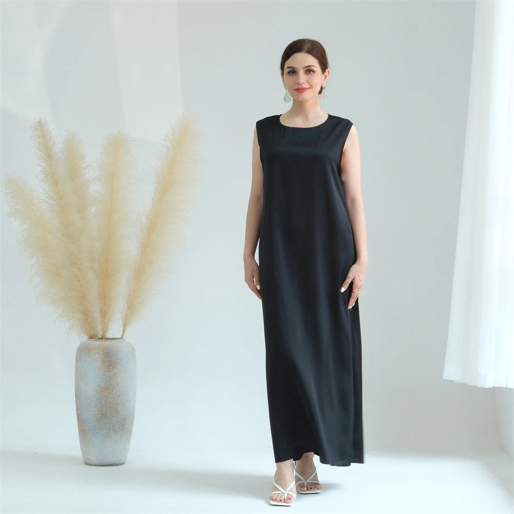 Black White Satin Silky Shimmer Under Abaya Dress Dubai Luxury 2024 Summer Women Turkey Islam Muslim Robe Vestidos Musulmanes