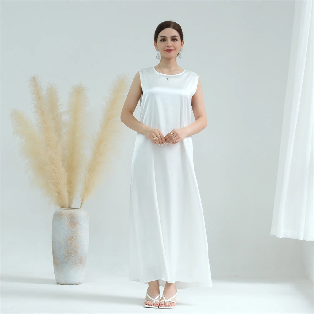 Black White Satin Silky Shimmer Under Abaya Dress Dubai Luxury 2024 Summer Women Turkey Islam Muslim Robe Vestidos Musulmanes