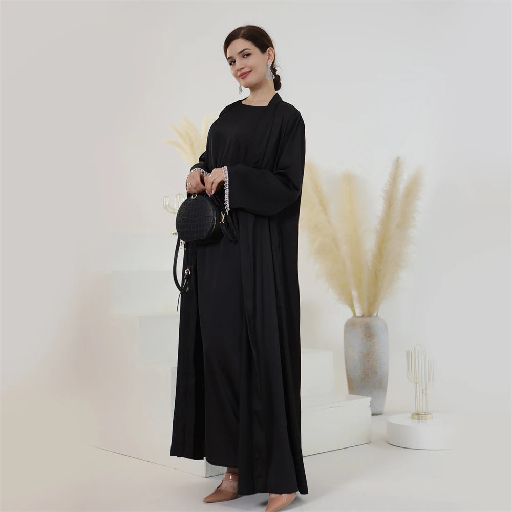 Eid Ramadan Satin Open Abaya Kimono 2 Piece Sets Muslim Women Dresses Turkey Arabic Kaftan Party Dubai Abayas Gown Outfit Caftan
