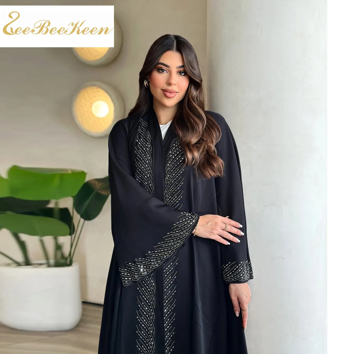 Luxury Crystal-Studded Dubai Abaya Dress for Women Elegant Muslim Modest Cardigan Islam Holiday Outfit Plain Turkey Kaftan Robe