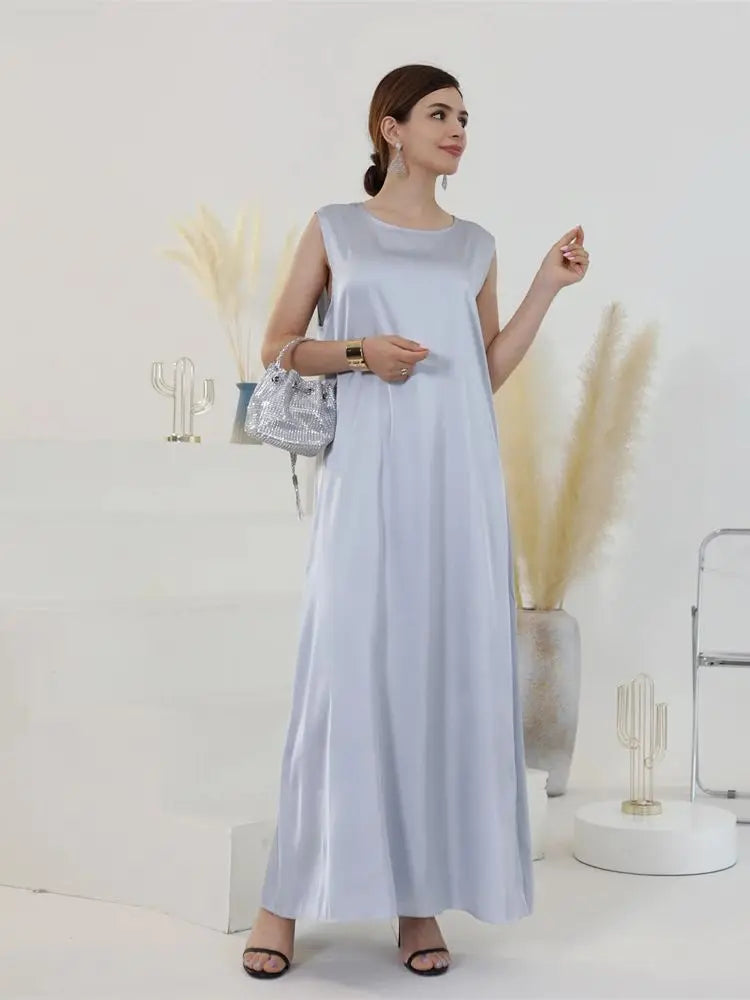 Black White Satin Silky Shimmer Under Abaya Dress Dubai Luxury 2024 Summer Women Turkey Islam Muslim Robe Vestidos Musulmanes