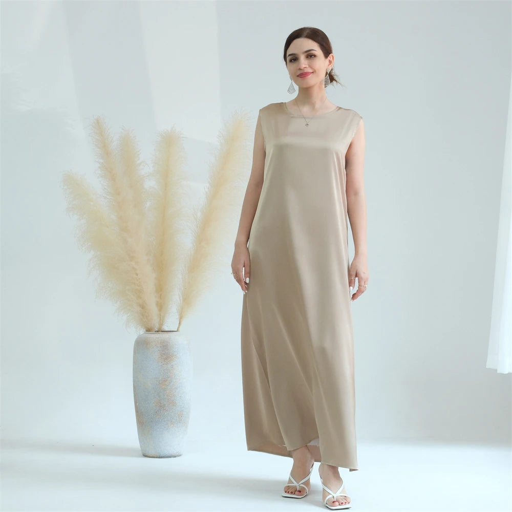 Black White Satin Silky Shimmer Under Abaya Dress Dubai Luxury 2024 Summer Women Turkey Islam Muslim Robe Vestidos Musulmanes