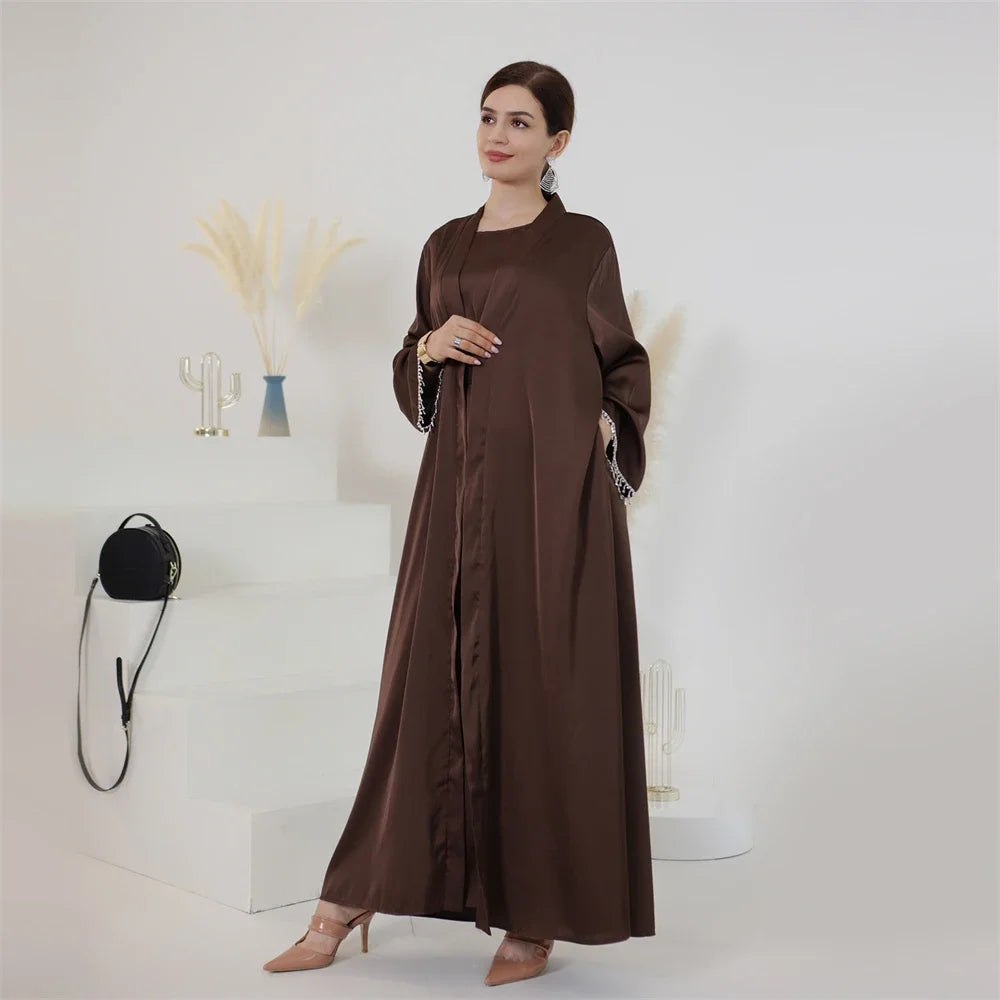 Eid Ramadan Satin Open Abaya Kimono 2 Piece Sets Muslim Women Dresses Turkey Arabic Kaftan Party Dubai Abayas Gown Outfit Caftan