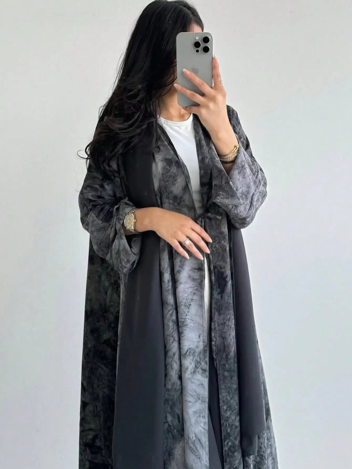 Middle Eastern Women Loose Tie Dye Abayas Lace Up Kaftan Arabian Maxi Dresses Full Sleeve Open Front Abaya Jilbabs Without Hajib