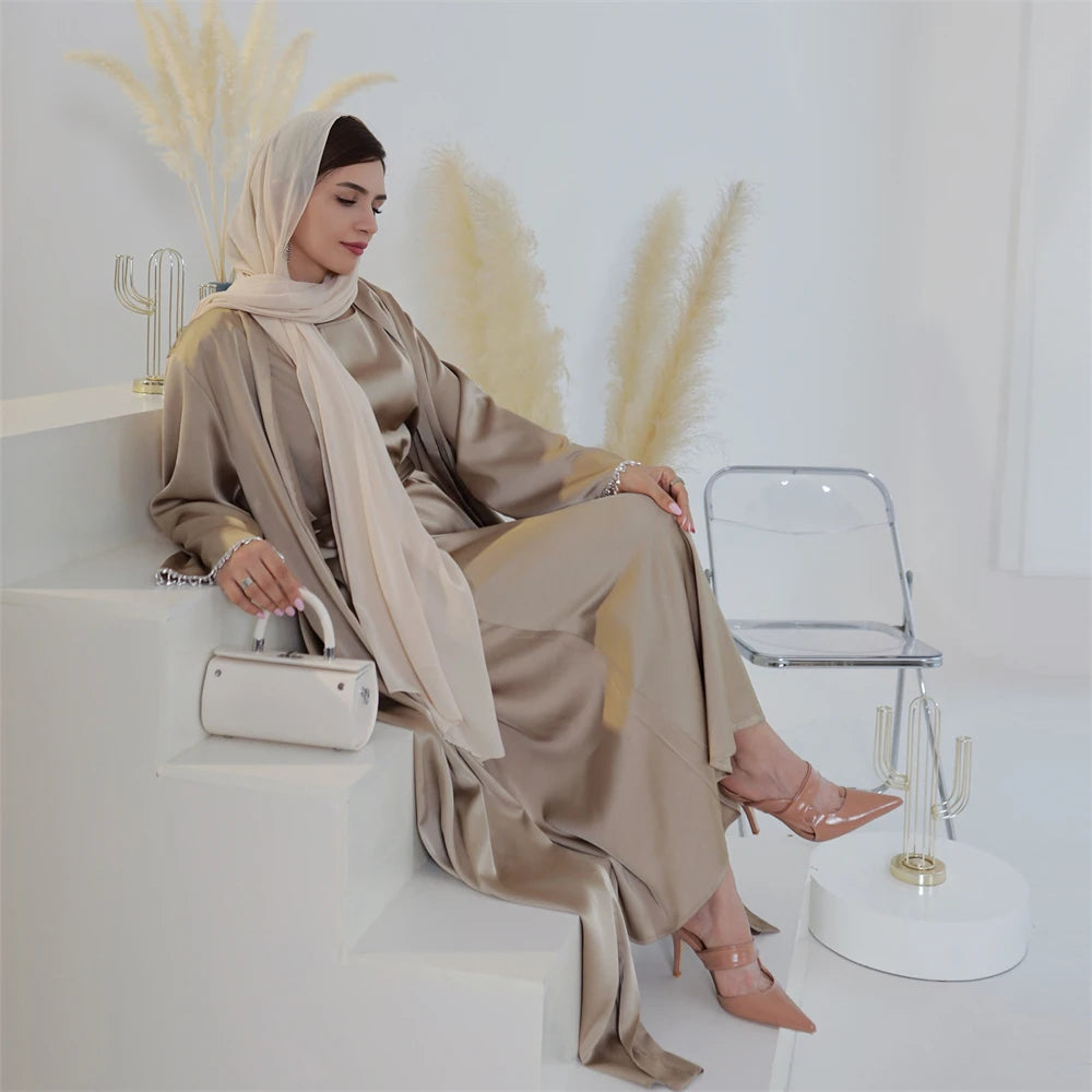 Eid Ramadan Satin Open Abaya Kimono 2 Piece Sets Muslim Women Dresses Turkey Arabic Kaftan Party Dubai Abayas Gown Outfit Caftan