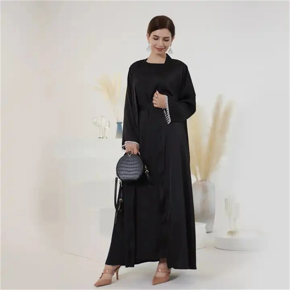 Eid Ramadan Satin Open Abaya Kimono 2 Piece Sets Muslim Women Dresses Turkey Arabic Kaftan Party Dubai Abayas Gown Outfit Caftan