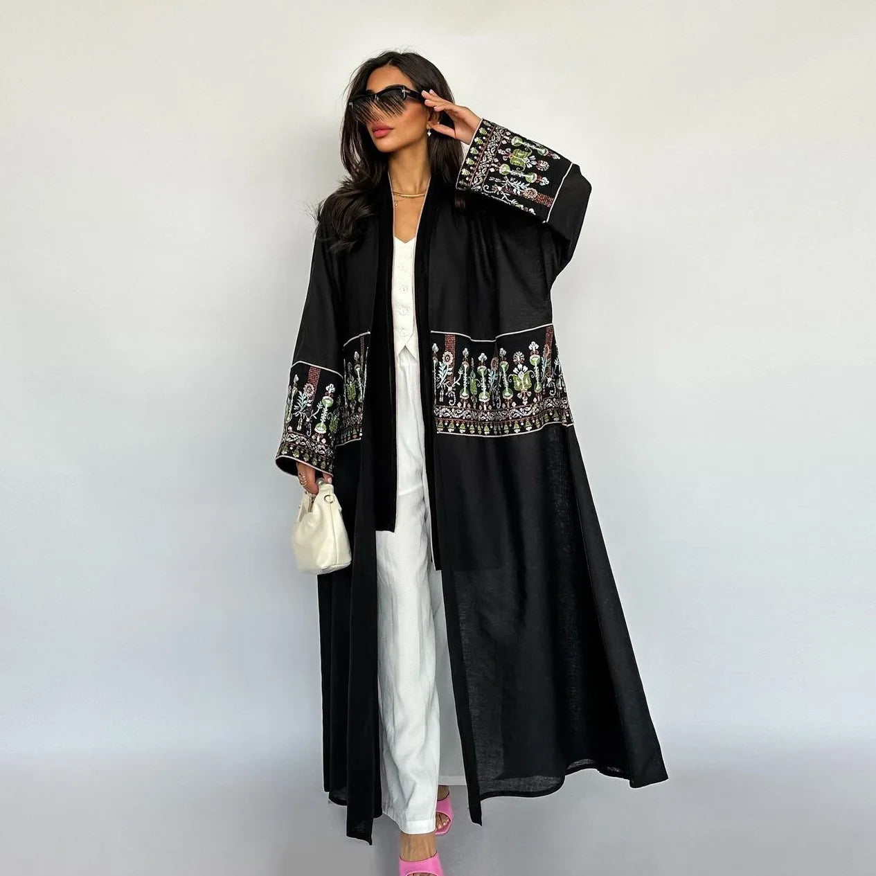 Elegant Muslim Embroidery Cardigan for Women Eid Arab Hijab Abaya Dress Dubai Saudi Modest Clothing Islamic Turkey Open Abayas