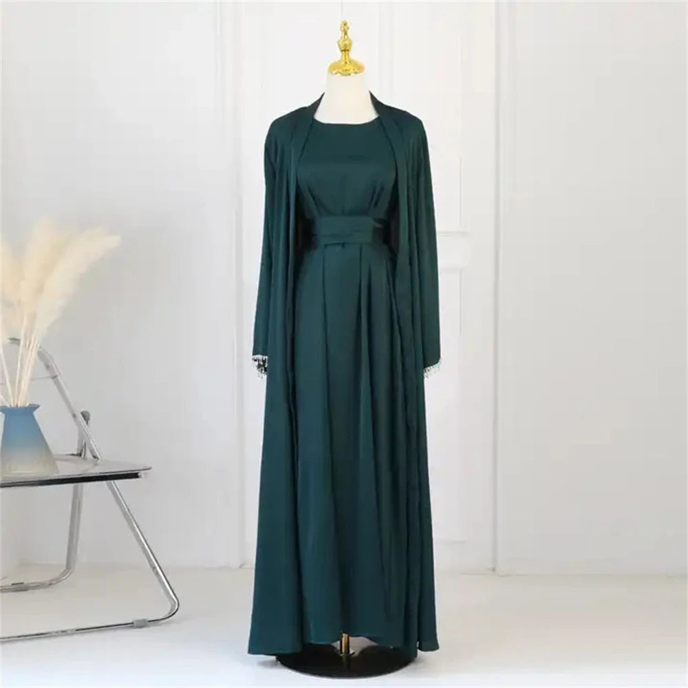 Eid Ramadan Satin Open Abaya Kimono 2 Piece Sets Muslim Women Dresses Turkey Arabic Kaftan Party Dubai Abayas Gown Outfit Caftan
