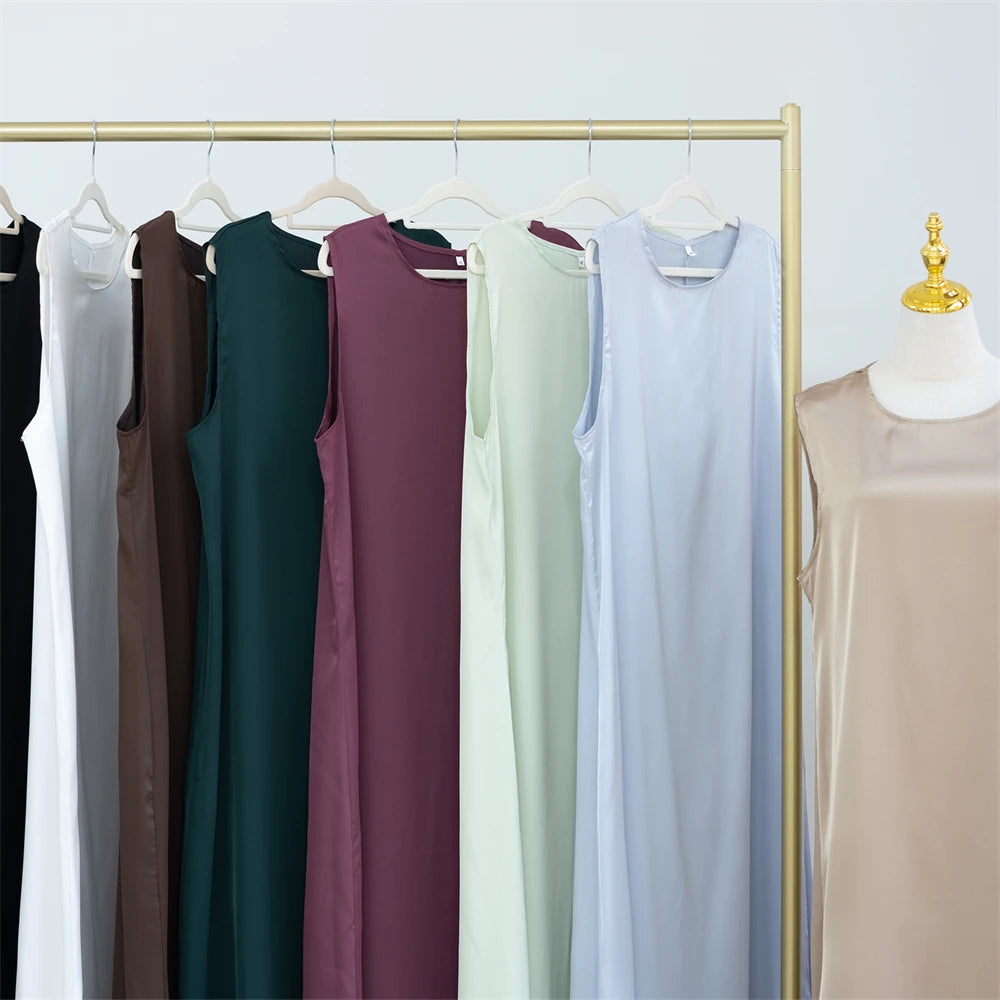 Black White Satin Silky Shimmer Under Abaya Dress Dubai Luxury 2024 Summer Women Turkey Islam Muslim Robe Vestidos Musulmanes